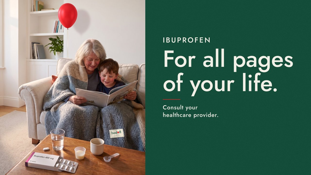 Poster: a grandmother and her grandson reading on a sofa, a box of ibuprofen on the table