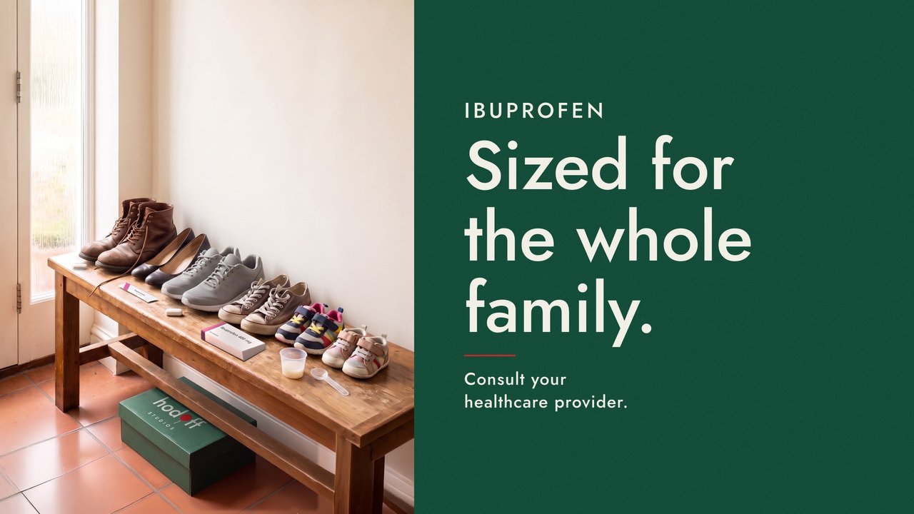 Poster: a bench of family shoes from boots to baby sandals, a box of ibuprofen beside them