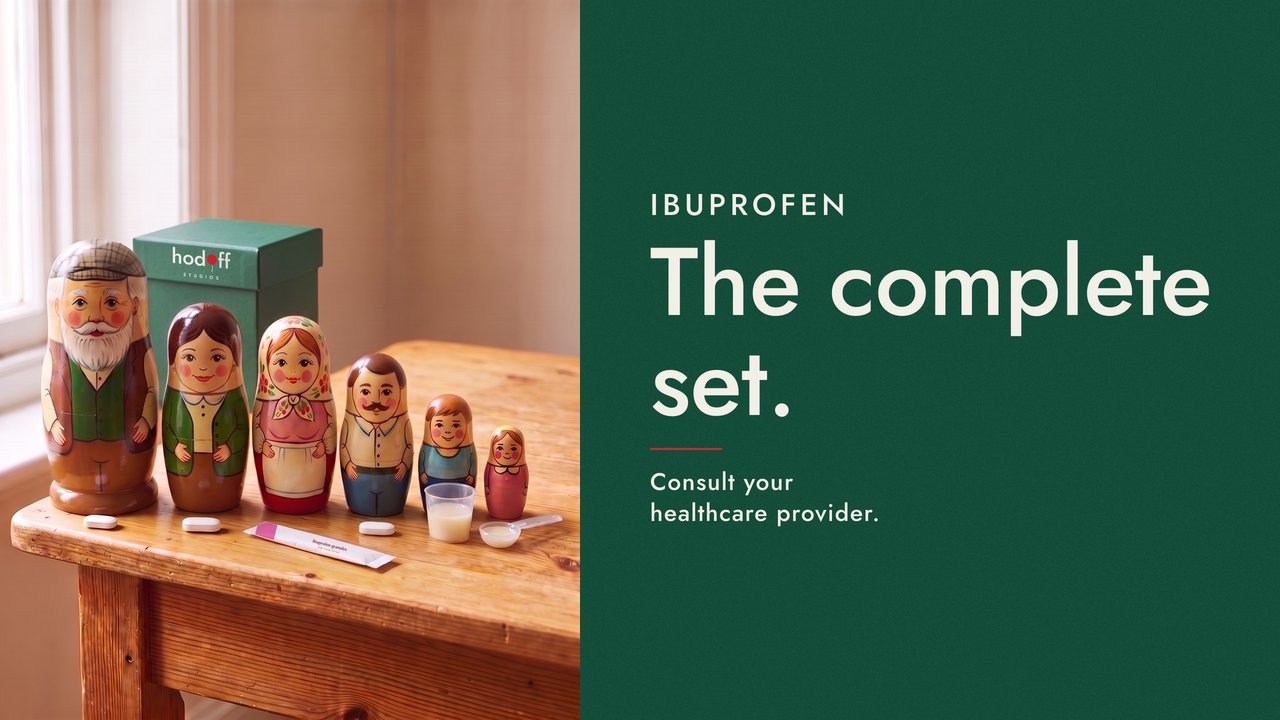 Poster: a family of six nesting dolls on a table, a box of ibuprofen beside them